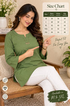 Olive green kurti with white pants in a simple elegant ethnic style
