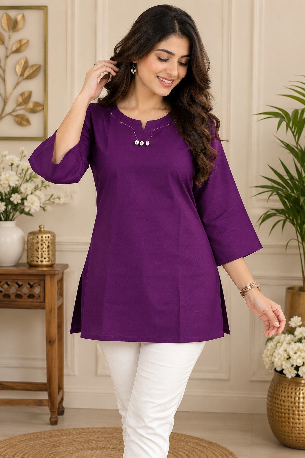 Deep purple straight kurti for women with embellished neckline