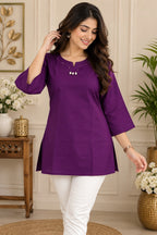 Deep purple straight kurti for women with embellished neckline