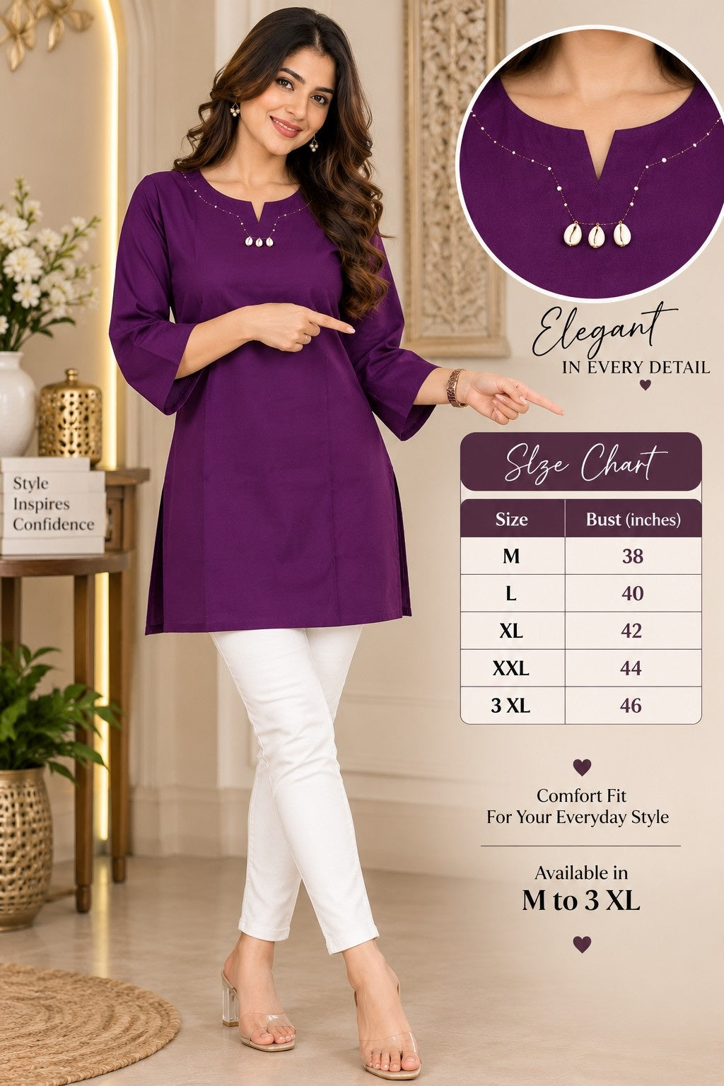Royal purple solid kurti with round neck and delicate embellishment
