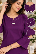 Deep purple straight kurti with 3/4 sleeves and front notch neckline