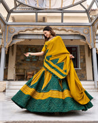 Mustard Yellow & Dark Green Bandhani Print Lehenga Choli Set with Dupatta for Women
