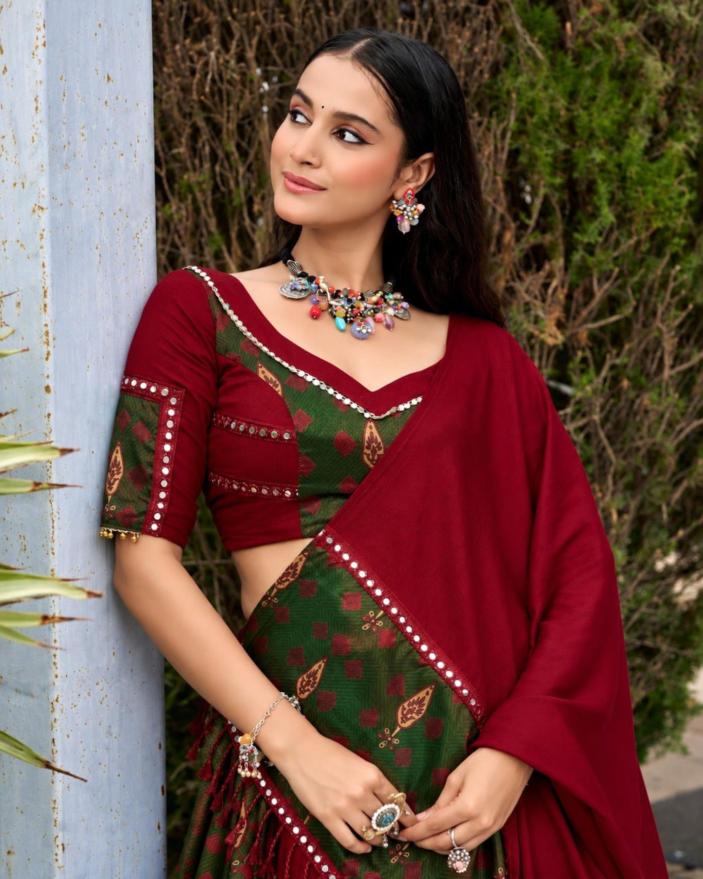 Maroon & Green Printed Lehenga Choli Set with Dupatta for Women