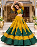 Mustard Yellow & Dark Green Bandhani Print Lehenga Choli Set with Dupatta for Women