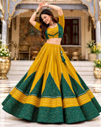 Mustard Yellow & Dark Green Bandhani Print Lehenga Choli Set with Dupatta for Women
