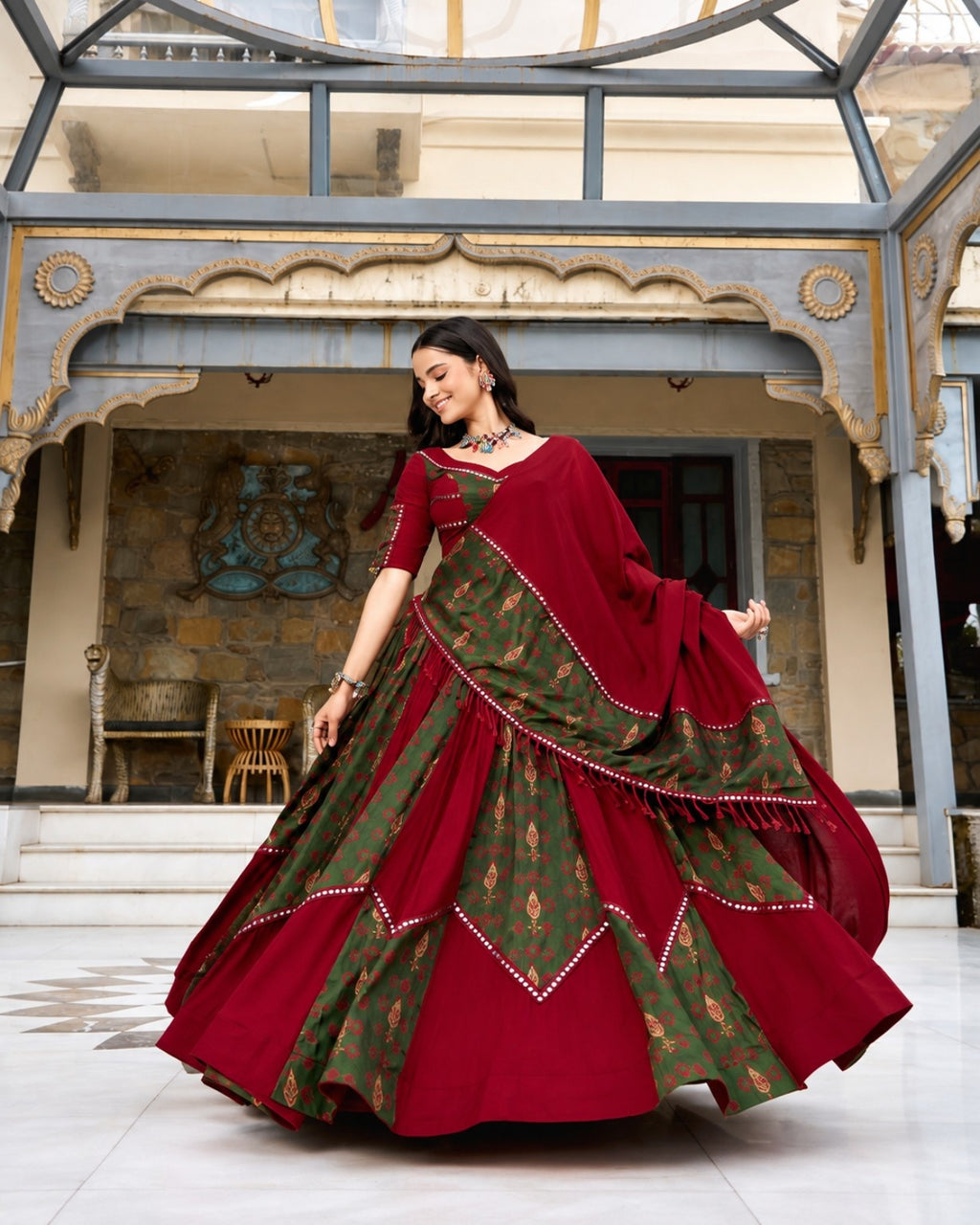 Maroon & Green Printed Lehenga Choli Set with Dupatta for Women