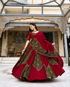 Maroon & Green Printed Lehenga Choli Set with Dupatta for Women