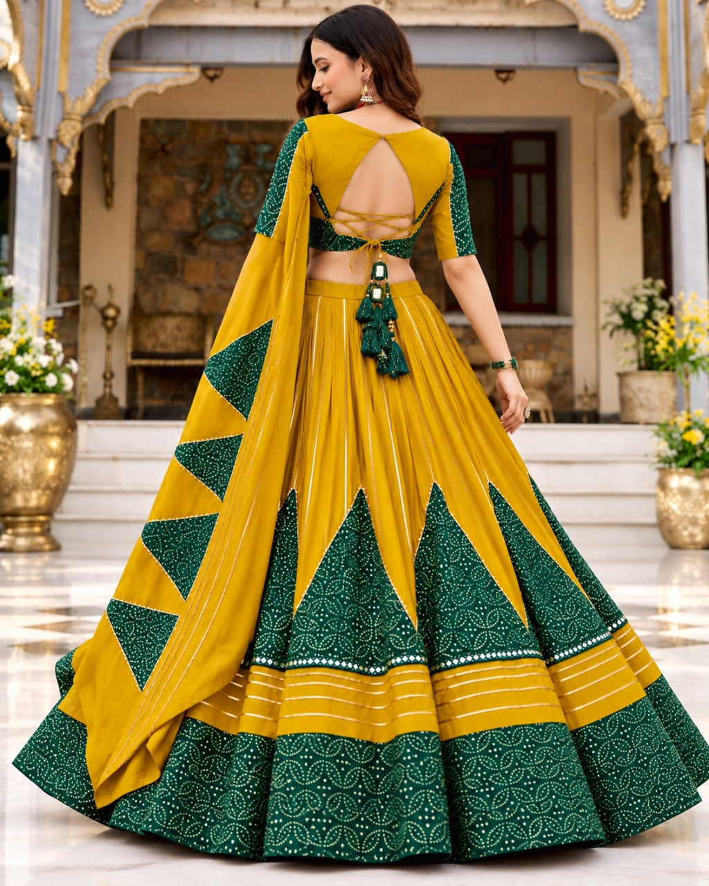 Mustard Yellow & Dark Green Bandhani Print Lehenga Choli Set with Dupatta for Women