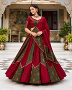 Maroon & Green Printed Lehenga Choli Set with Dupatta for Women