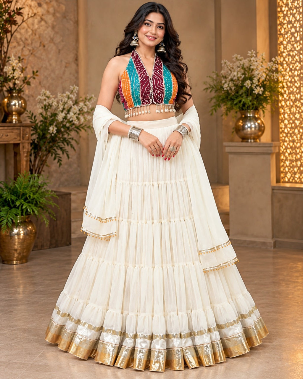 White Tiered Lehenga Choli Set with Multicolor Printed Halter Blouse & Dupatta