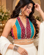 White Tiered Lehenga Choli Set with Multicolor Printed Halter Blouse & Dupatta