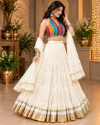 White Tiered Lehenga Choli Set with Multicolor Printed Halter Blouse & Dupatta