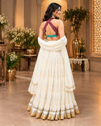 White Tiered Lehenga Choli Set with Multicolor Printed Halter Blouse & Dupatta