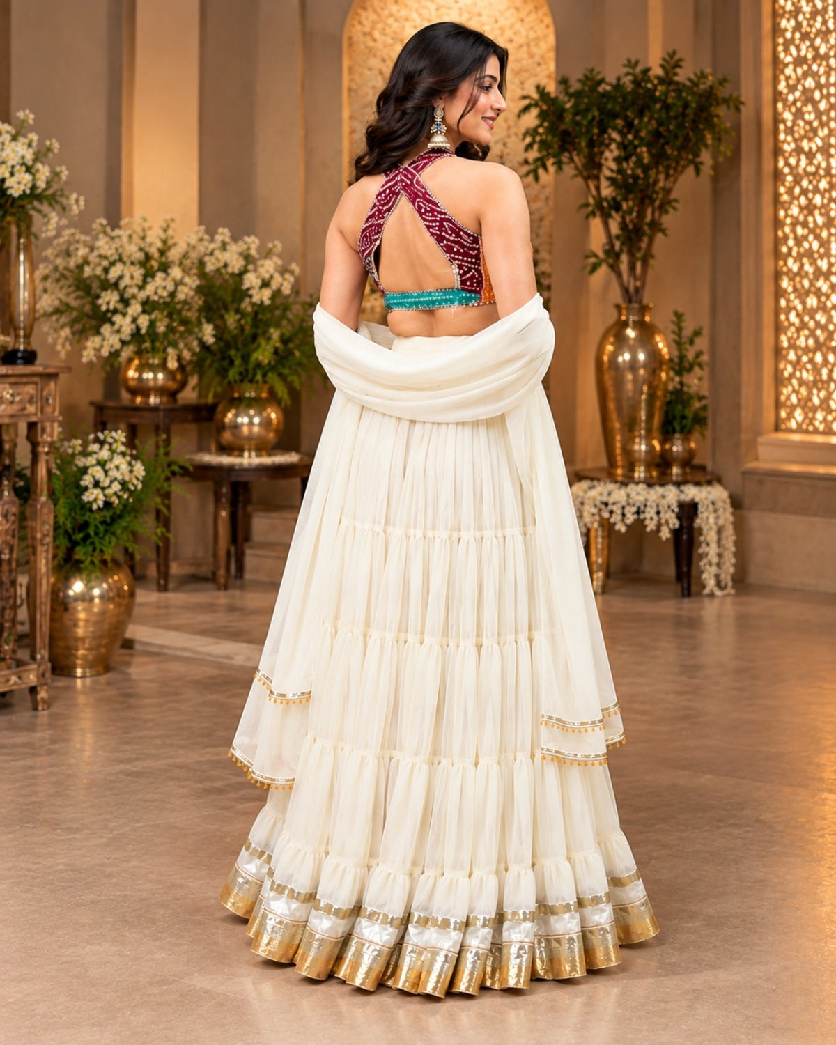 White Tiered Lehenga Choli Set with Multicolor Printed Halter Blouse & Dupatta