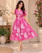 Pink floral printed tiered midi dress with puff sleeves for women