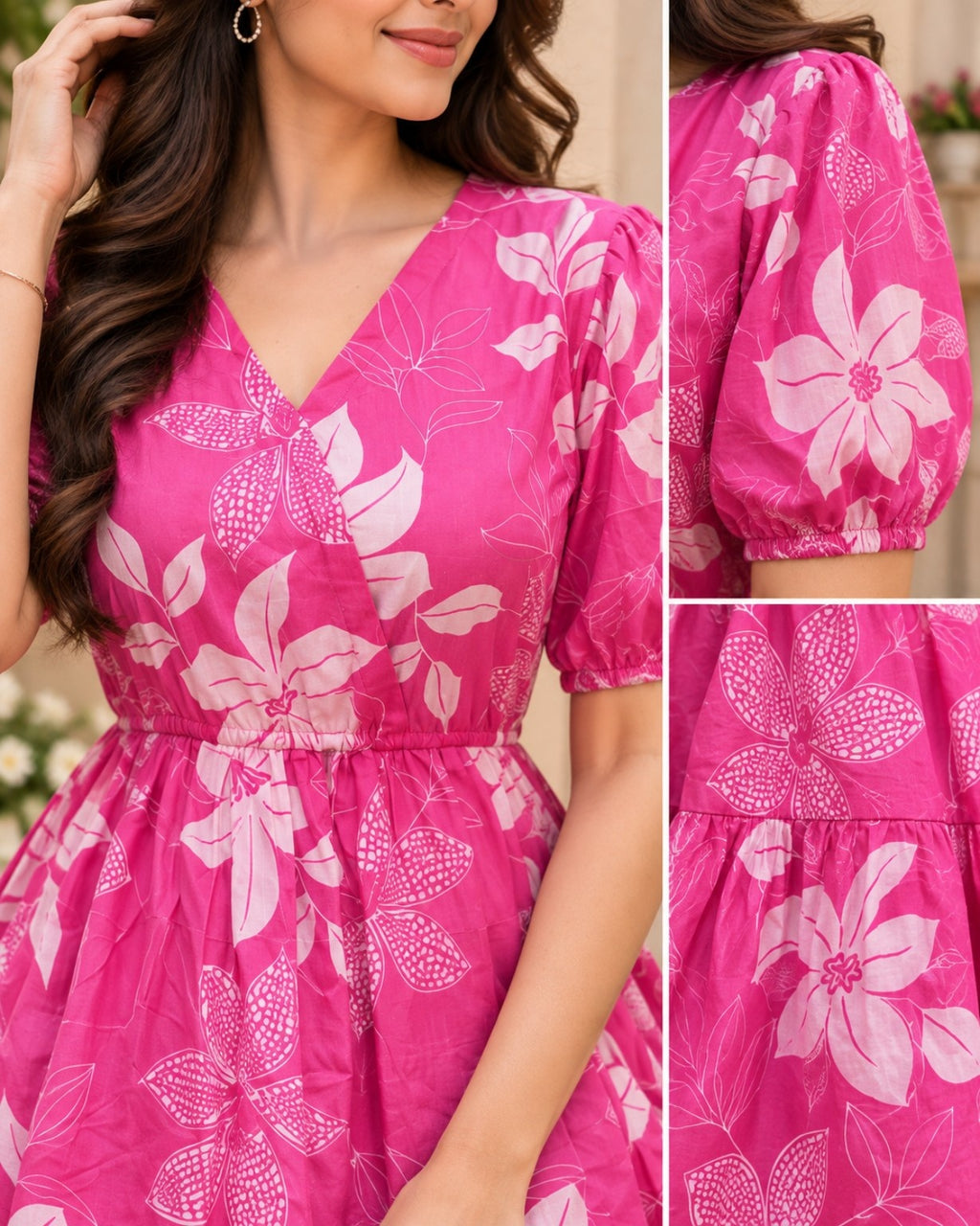 Pink floral midi dress with V-neck, puff sleeves and elasticated waist