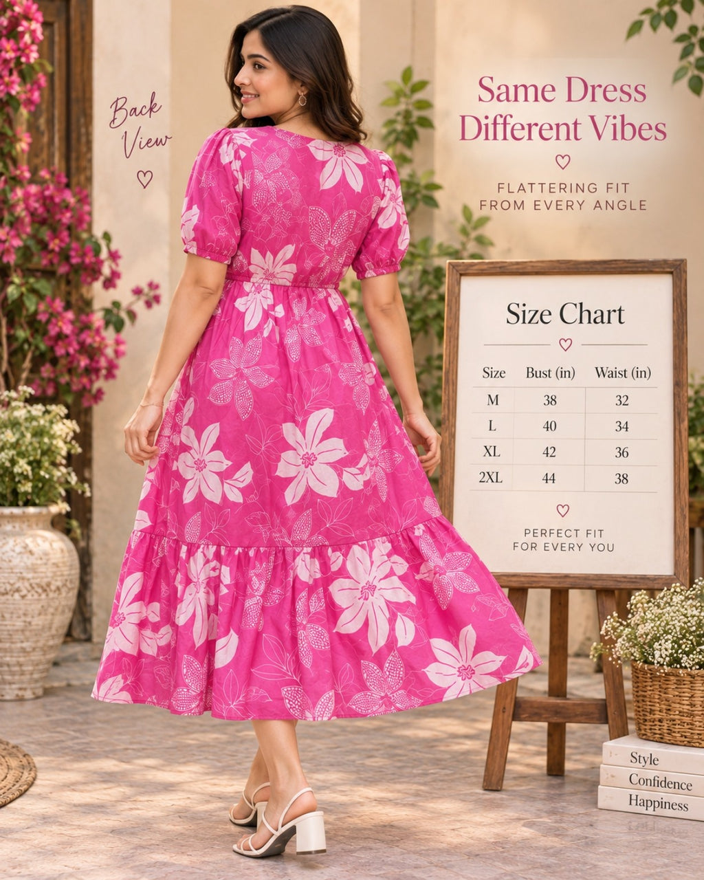 Pink floral printed midi dress with tiered flared silhouette