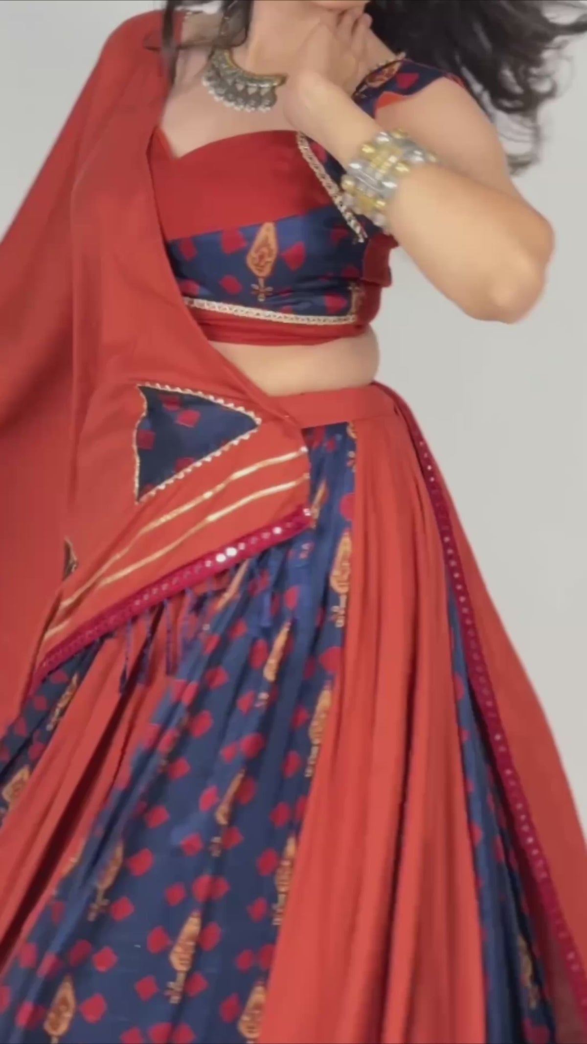 Rust Orange & Navy Blue Gamthi Mirror Work Lehenga Choli with Dupatta for Women
