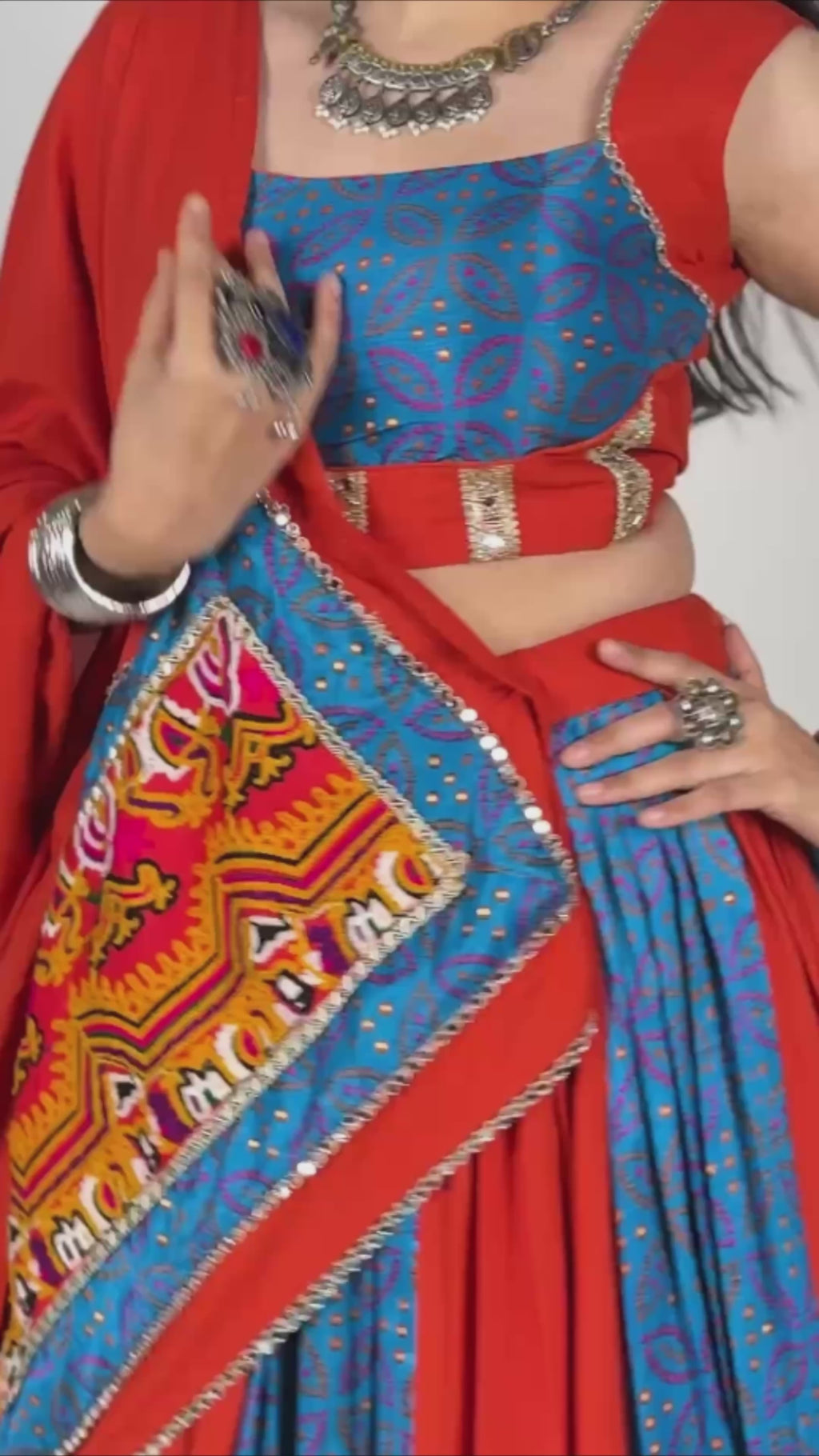 Blue & Orange Gamthi Rayon Lehenga Choli with Mirror Work & 6 Meter Flair