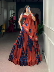 Rust Orange & Navy Blue Gamthi Mirror Work Lehenga Choli with Dupatta for Women