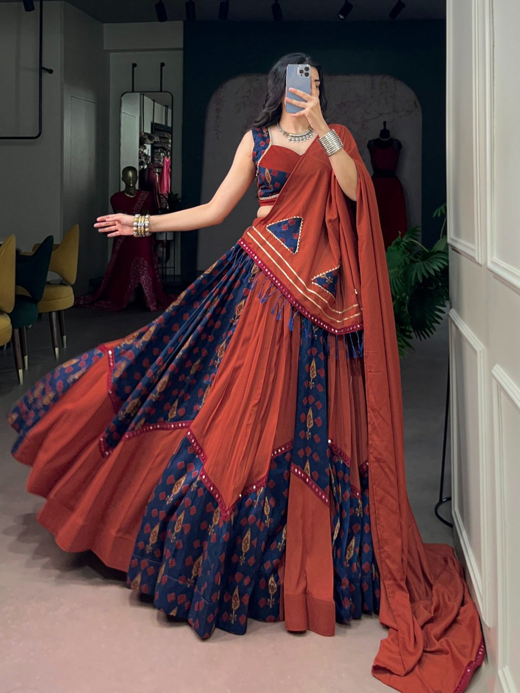 Rust Orange & Navy Blue Gamthi Mirror Work Lehenga Choli with Dupatta for Women