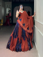 Rust Orange & Navy Blue Gamthi Mirror Work Lehenga Choli with Dupatta for Women