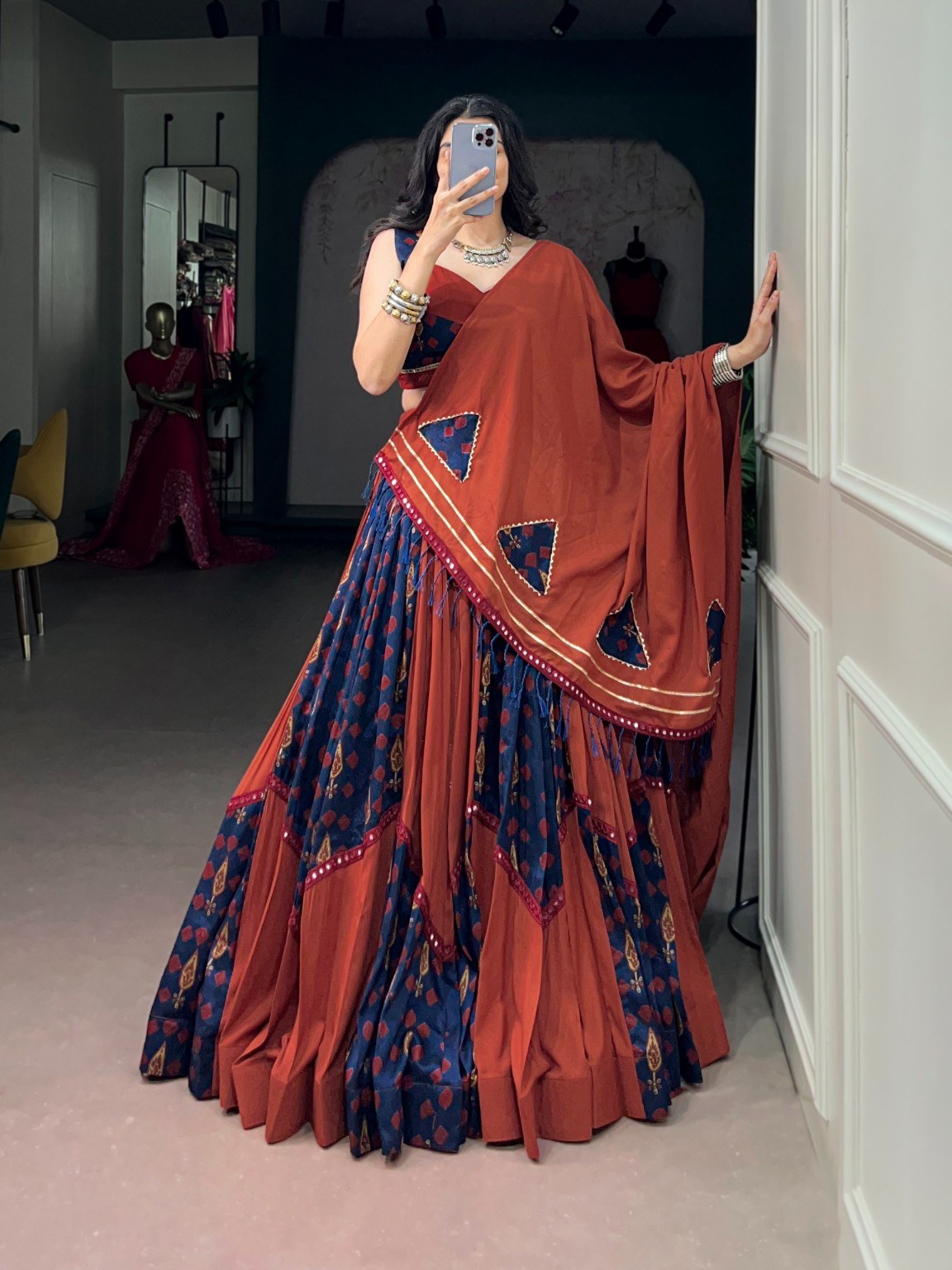Rust Orange & Navy Blue Gamthi Mirror Work Lehenga Choli with Dupatta for Women