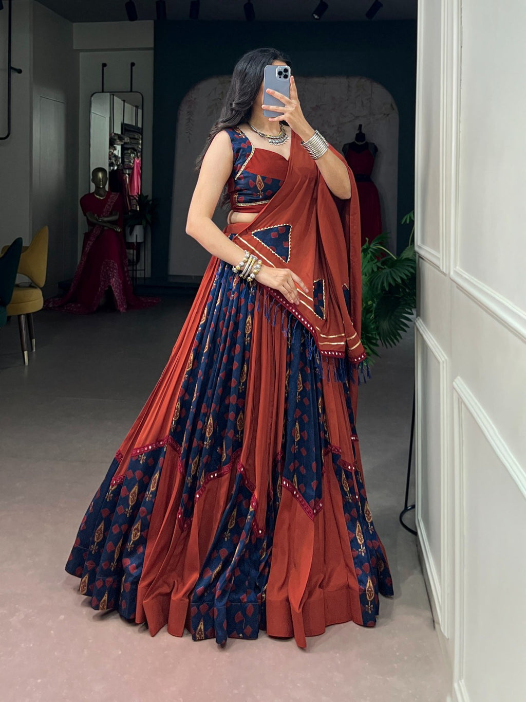Rust Orange & Navy Blue Gamthi Mirror Work Lehenga Choli with Dupatta for Women