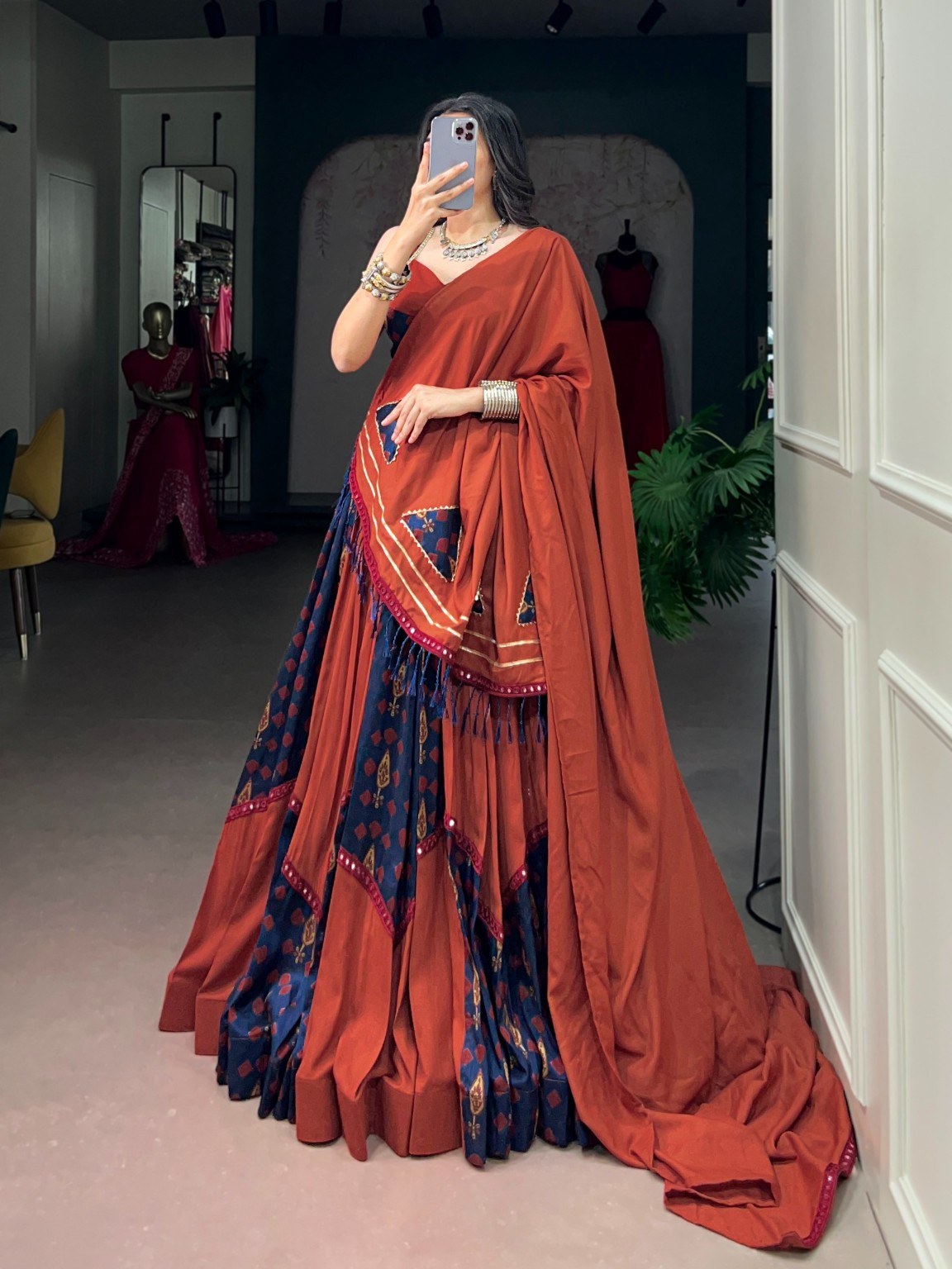 Rust Orange & Navy Blue Gamthi Mirror Work Lehenga Choli with Dupatta for Women