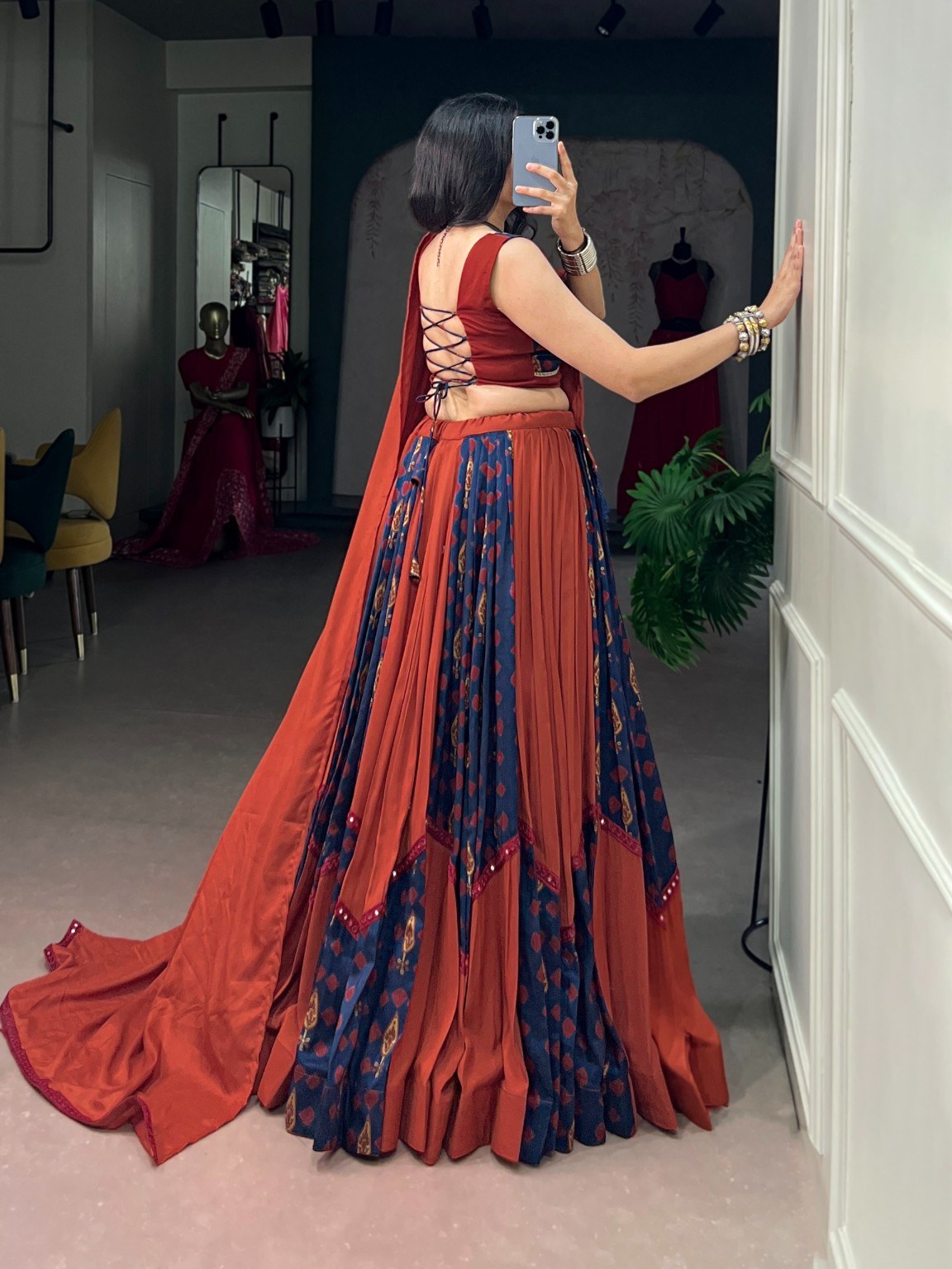 Rust Orange & Navy Blue Gamthi Mirror Work Lehenga Choli with Dupatta for Women