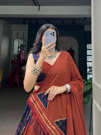 Rust Orange & Navy Blue Gamthi Mirror Work Lehenga Choli with Dupatta for Women